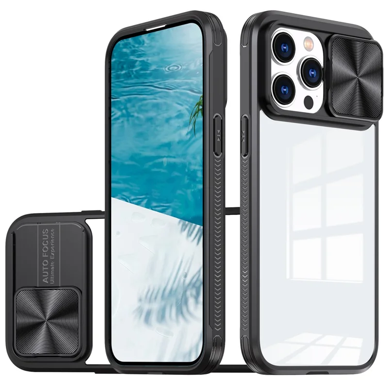For iPhone 16 Pro Case TPU+PC Clear Phone Cover with CD-Veins Camera Lens Sliding Lid - Black