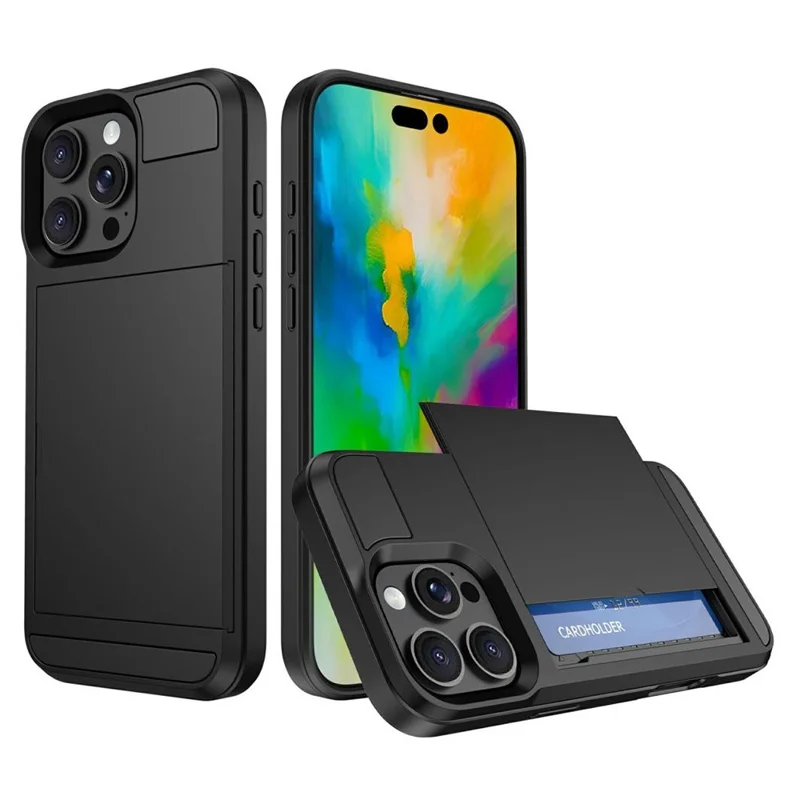 For iPhone 16 Pro Case with Sliding Card Holder PC+TPU Phone Back Cover - Black
