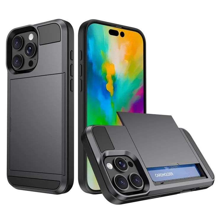 For iPhone 16 Pro Max Case with Sliding Card Holder PC+TPU Phone Back Cover - Grey