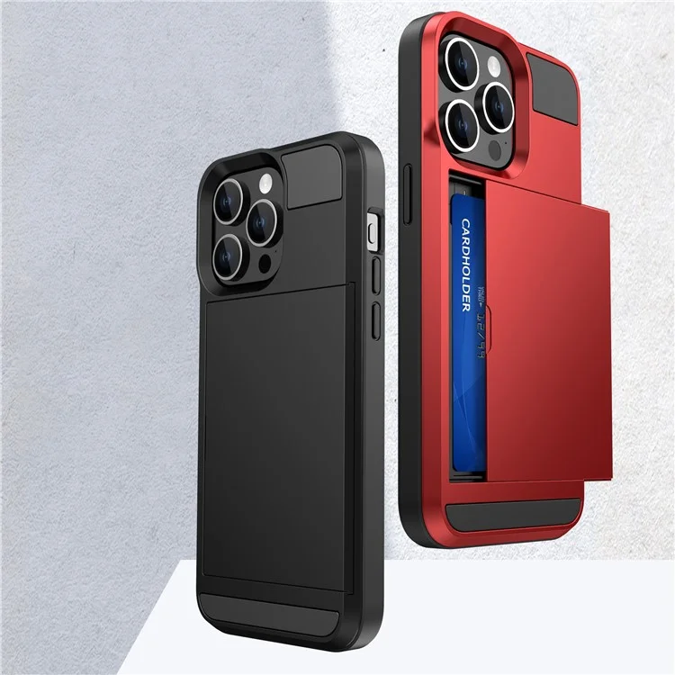 For iPhone 16 Pro Max Case with Sliding Card Holder PC+TPU Phone Back Cover - Grey