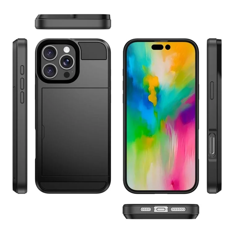 For iPhone 16 Pro Max Case with Sliding Card Holder PC+TPU Phone Back Cover - Grey