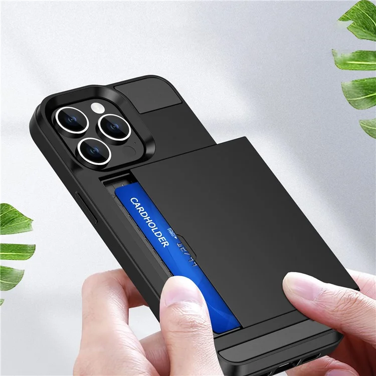 For iPhone 16 Pro Max Case with Sliding Card Holder PC+TPU Phone Back Cover - Grey