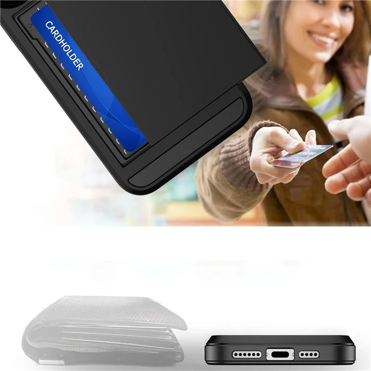 For iPhone 16 Pro Max Case with Sliding Card Holder PC+TPU Phone Back Cover - Grey