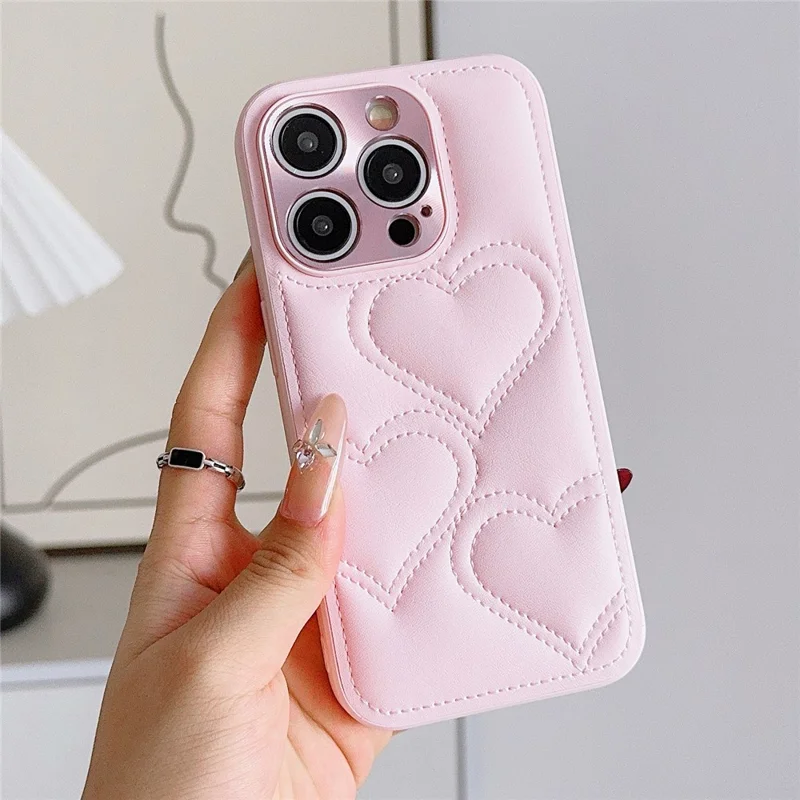 Per iPhone 15 Pro Max Case Heart Pattern Leather Covered TPU Back Phone Cover - Rosa