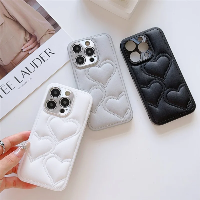 Per iPhone 15 Pro Max Case Heart Pattern Leather Covered TPU Back Phone Cover - Rosa