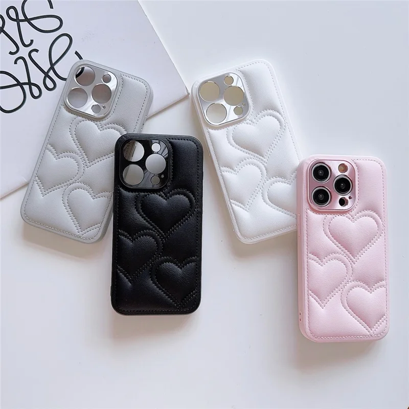 Per iPhone 15 Pro Max Case Heart Pattern Leather Covered TPU Back Phone Cover - Rosa