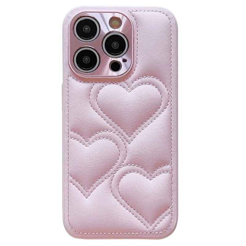Für iPhone 15 Pro Case Heart Pattern Shockproof Leather Covered TPU Phone Cover - Pink