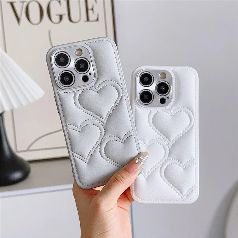 Für iPhone 15 Pro Case Heart Pattern Shockproof Leather Covered TPU Phone Cover - Pink