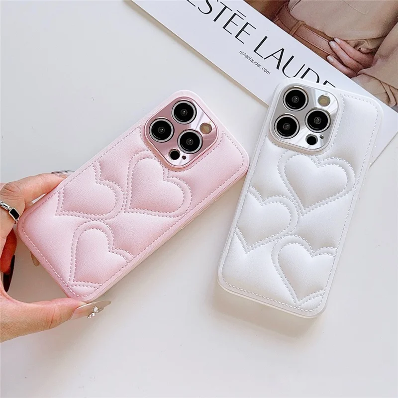 Für iPhone 15 Pro Case Heart Pattern Shockproof Leather Covered TPU Phone Cover - Pink