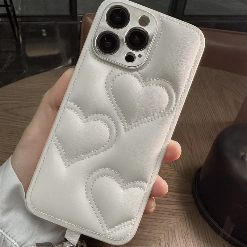 For iPhone 15 Pro Max Case Heart Pattern PU+TPU Phone Cover with Strap - White
