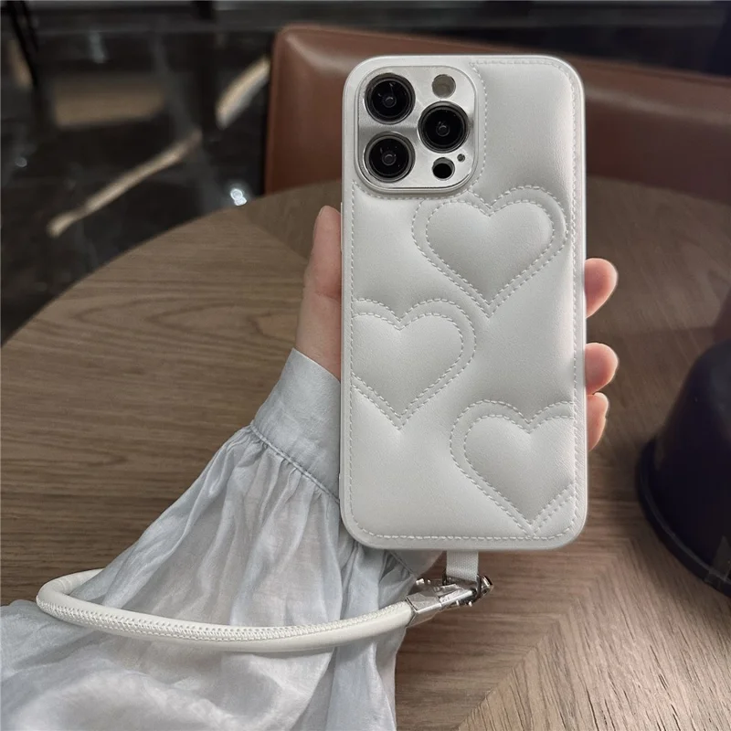 For iPhone 15 Pro Max Case Heart Pattern PU+TPU Phone Cover with Strap - White