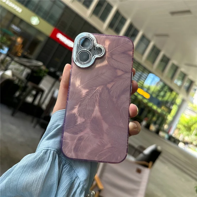 For iPhone 16 Plus Case Feather Pattern TPU+PC Anti-Scratch Phone Cover - Pink