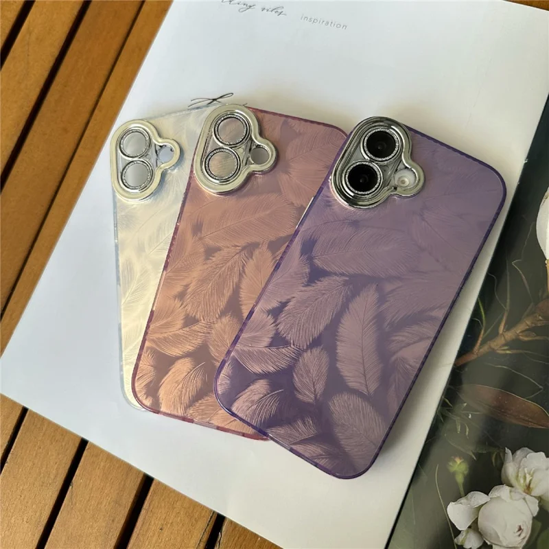 For iPhone 16 Case Anti-Scratch TPU+PC Phone Cover Feather Pattern - Pink