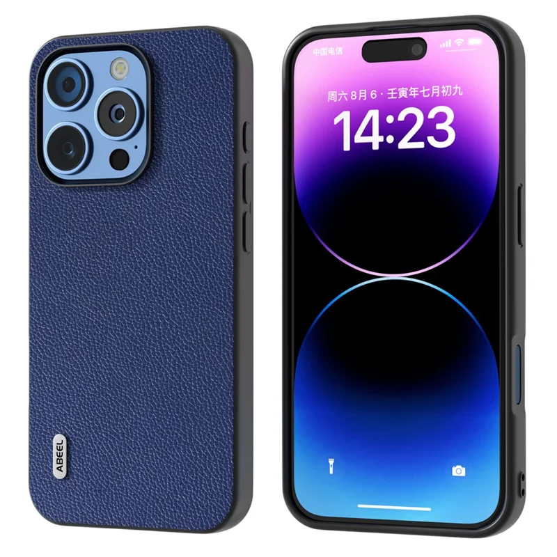 ABEEL For iPhone 16 Pro Max Case Litchi Texture Genuine Cow Leather+PC Phone Cover - Blue