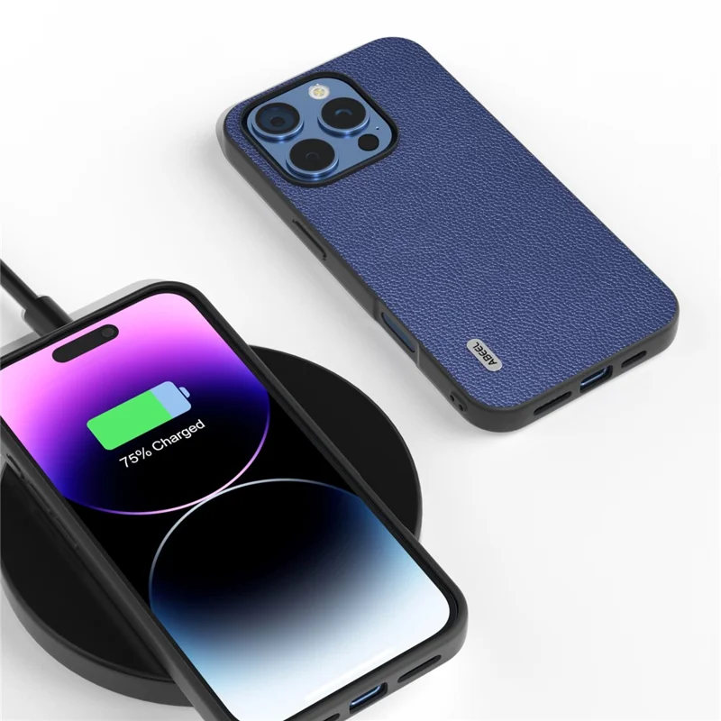 ABEEL For iPhone 16 Pro Max Case Litchi Texture Genuine Cow Leather+PC Phone Cover - Blue