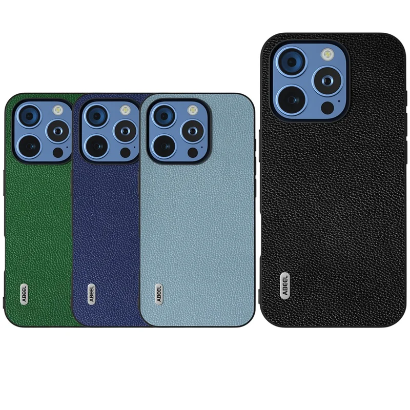 ABEEL For iPhone 16 Pro Max Case Litchi Texture Genuine Cow Leather+PC Phone Cover - Blue