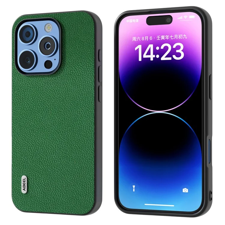 ABEEL For iPhone 16 Pro Case Litchi Texture Genuine Cow Leather+PC Phone Cover - Green