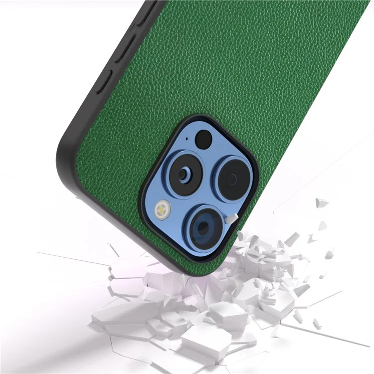 ABEEL For iPhone 16 Pro Case Litchi Texture Genuine Cow Leather+PC Phone Cover - Green