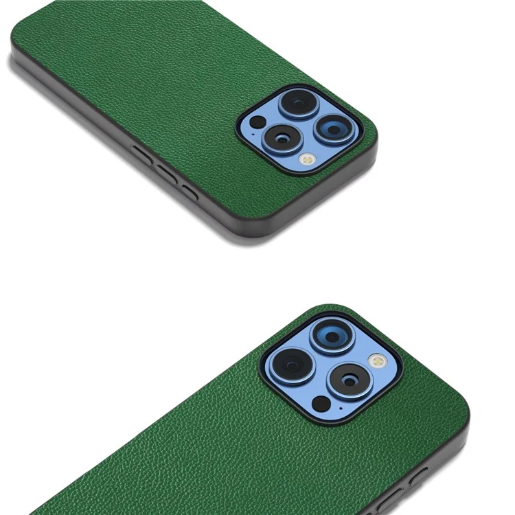 ABEEL For iPhone 16 Pro Case Litchi Texture Genuine Cow Leather+PC Phone Cover - Green