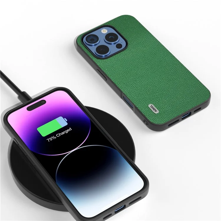 ABEEL For iPhone 16 Pro Case Litchi Texture Genuine Cow Leather+PC Phone Cover - Green