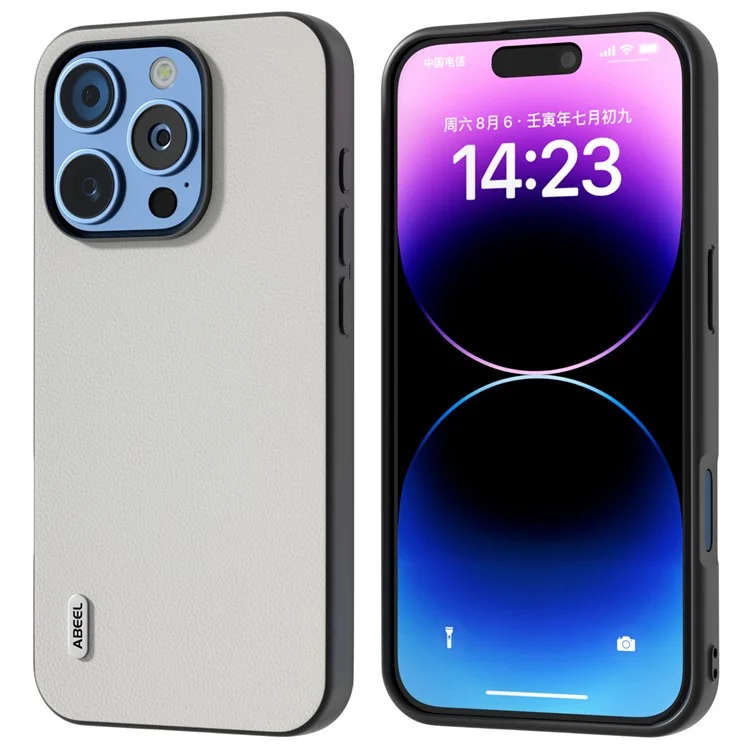 ABEEL Pour iPhone 16 Pro Case Genuine Cow Leather PC Phone Cover - Blanc