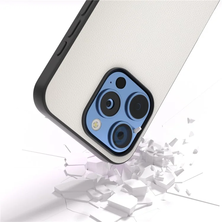 ABEEL Pour iPhone 16 Pro Case Genuine Cow Leather PC Phone Cover - Blanc
