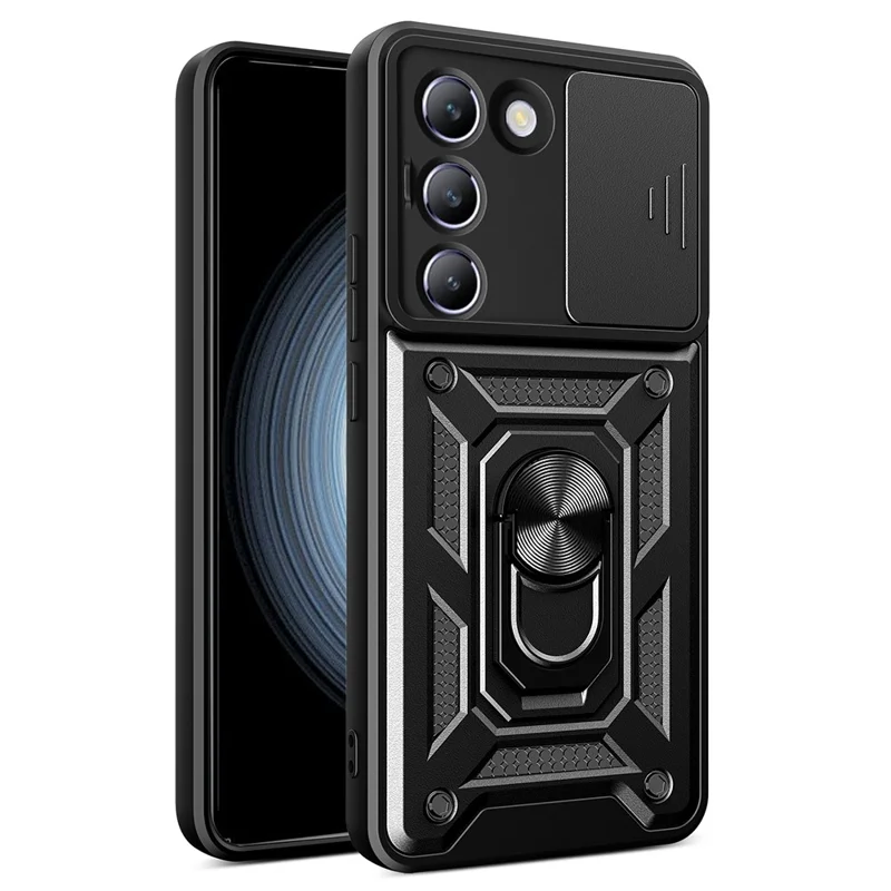 Para vivo Y200e 5G Case com Slide Camera Lid PC+TPU Kickstand Phone Cover - Preto