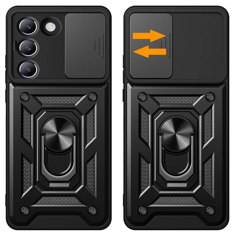 Para vivo Y200e 5G Case com Slide Camera Lid PC+TPU Kickstand Phone Cover - Preto