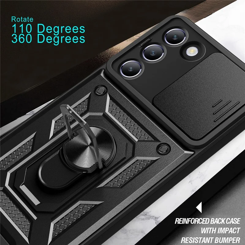Para vivo Y200e 5G Case com Slide Camera Lid PC+TPU Kickstand Phone Cover - Preto