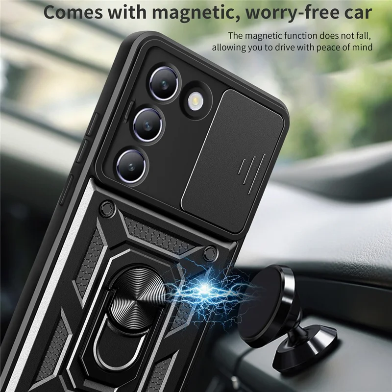Para vivo Y200e 5G Case com Slide Camera Lid PC+TPU Kickstand Phone Cover - Preto