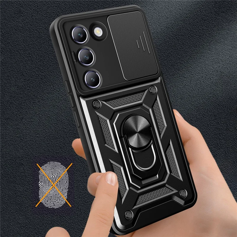 Para vivo Y200e 5G Case com Slide Camera Lid PC+TPU Kickstand Phone Cover - Preto