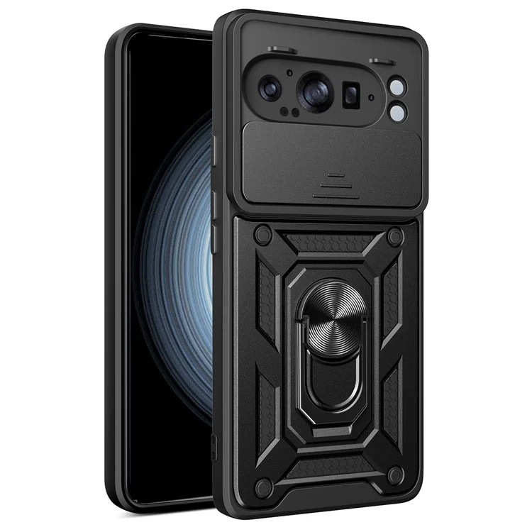 Pour Google Pixel 9 Pro XL Coque avec couvercle de caméra coulissant PC+TPU Support de téléphone Cover - Noir