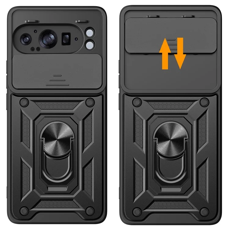 Pour Google Pixel 9 Pro XL Coque avec couvercle de caméra coulissant PC+TPU Support de téléphone Cover - Noir