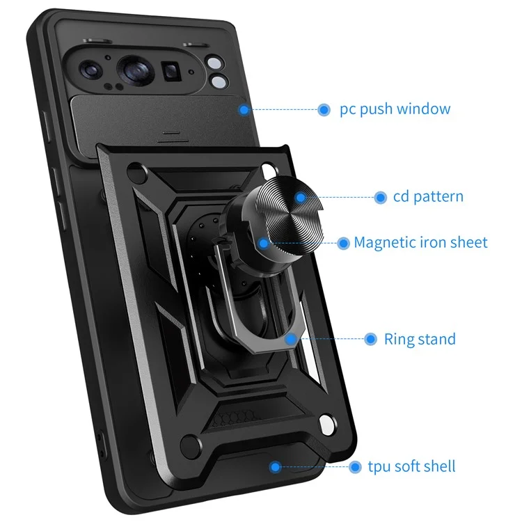 Pour Google Pixel 9 Pro XL Coque avec couvercle de caméra coulissant PC+TPU Support de téléphone Cover - Noir