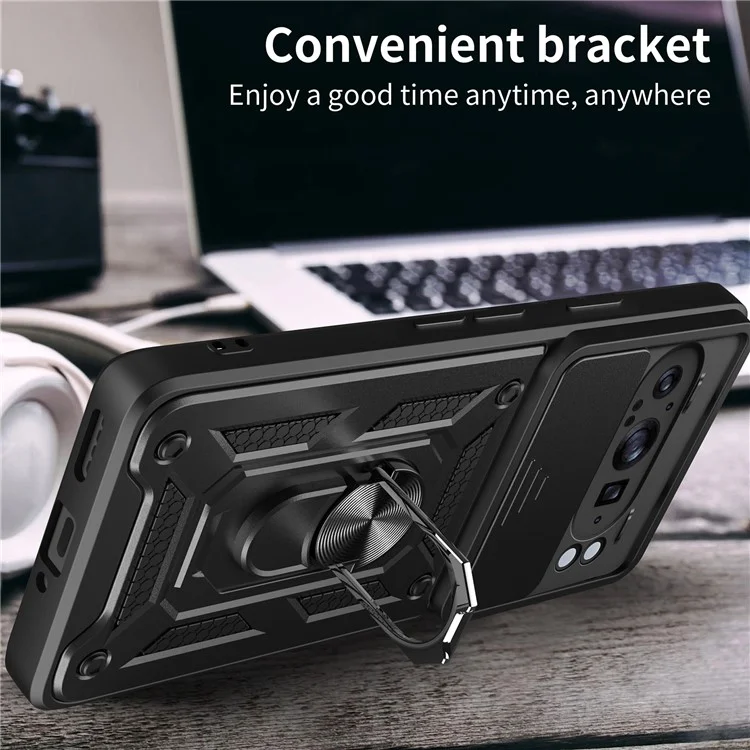 Pour Google Pixel 9 Pro XL Coque avec couvercle de caméra coulissant PC+TPU Support de téléphone Cover - Noir