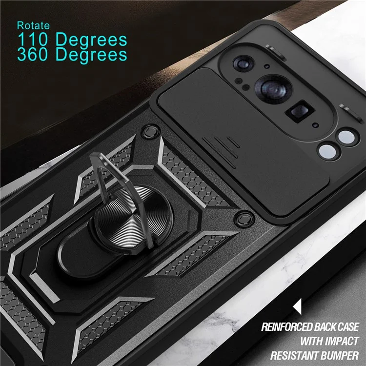 Pour Google Pixel 9 Pro XL Coque avec couvercle de caméra coulissant PC+TPU Support de téléphone Cover - Noir