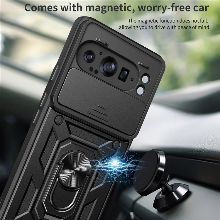 Pour Google Pixel 9 Pro XL Coque avec couvercle de caméra coulissant PC+TPU Support de téléphone Cover - Noir