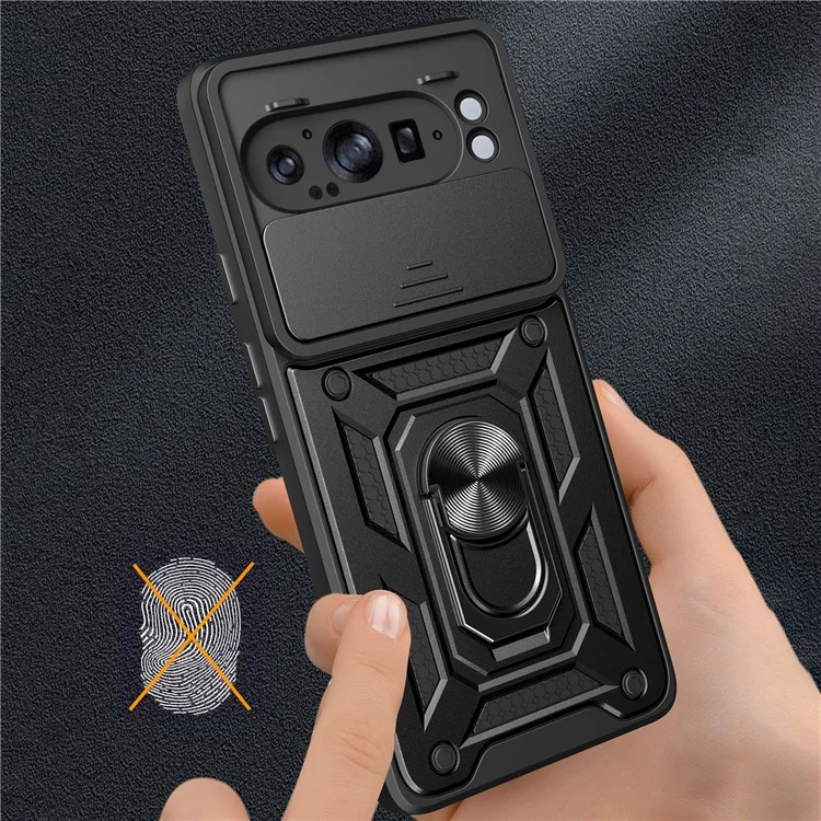 Pour Google Pixel 9 Pro XL Coque avec couvercle de caméra coulissant PC+TPU Support de téléphone Cover - Noir