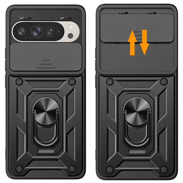 For Google Pixel 9 Pro  /  Pixel 9 Case with Slide Camera Lid PC+TPU Kickstand Phone Cover - Black