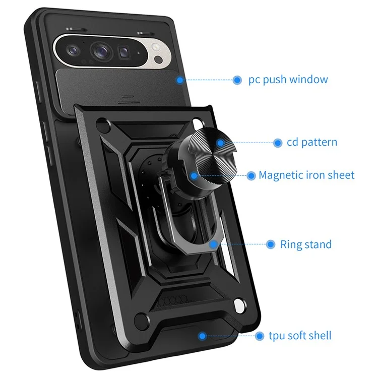For Google Pixel 9 Pro  /  Pixel 9 Case with Slide Camera Lid PC+TPU Kickstand Phone Cover - Black