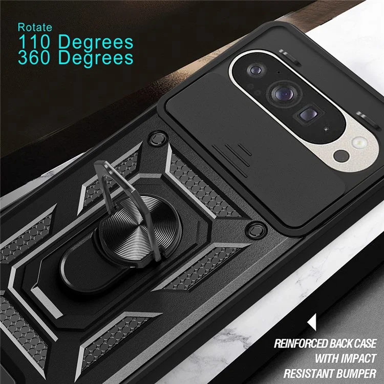 For Google Pixel 9 Pro  /  Pixel 9 Case with Slide Camera Lid PC+TPU Kickstand Phone Cover - Black
