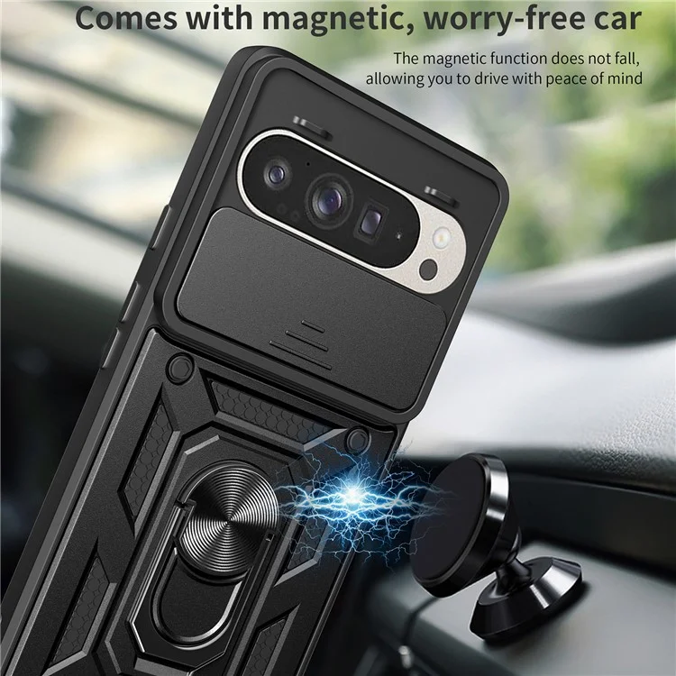 For Google Pixel 9 Pro  /  Pixel 9 Case with Slide Camera Lid PC+TPU Kickstand Phone Cover - Black