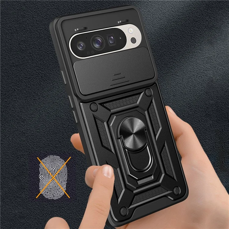 For Google Pixel 9 Pro  /  Pixel 9 Case with Slide Camera Lid PC+TPU Kickstand Phone Cover - Black