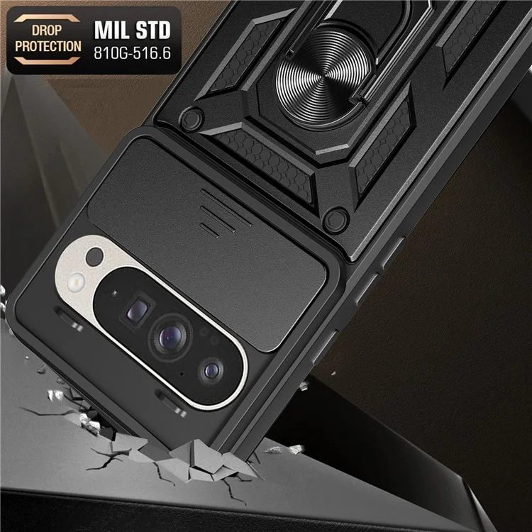 For Google Pixel 9 Pro  /  Pixel 9 Case with Slide Camera Lid PC+TPU Kickstand Phone Cover - Black