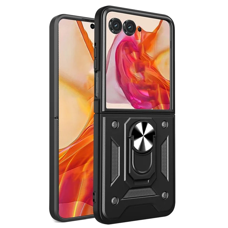 Para Motorola Razr 50 5G Funda con tapa deslizante para la cámara PC+TPU Soporte de pie Funda para teléfono - Negro