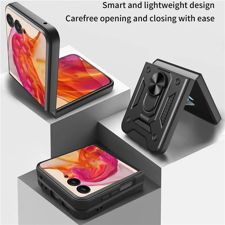 Para Motorola Razr 50 5G Funda con tapa deslizante para la cámara PC+TPU Soporte de pie Funda para teléfono - Negro