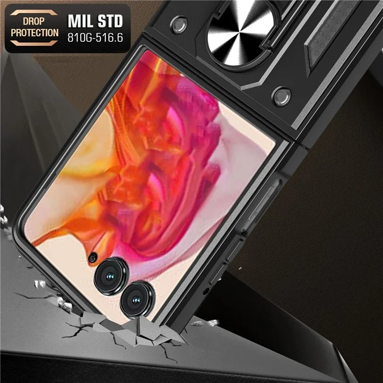 Para Motorola Razr 50 5G Funda con tapa deslizante para la cámara PC+TPU Soporte de pie Funda para teléfono - Negro