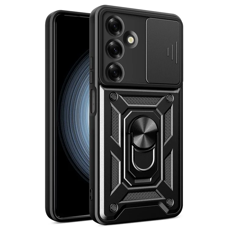 Für Samsung Galaxy M35 5G Hülle mit Schiebe-Kamera-Abdeckung PC+TPU Kickstand Handyhülle - Schwarz