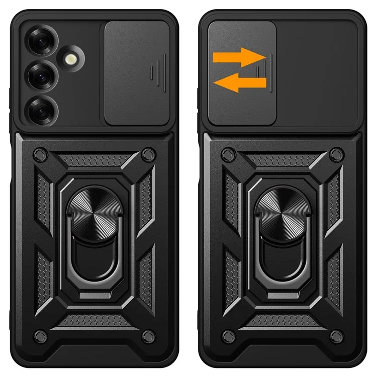 Für Samsung Galaxy M35 5G Hülle mit Schiebe-Kamera-Abdeckung PC+TPU Kickstand Handyhülle - Schwarz