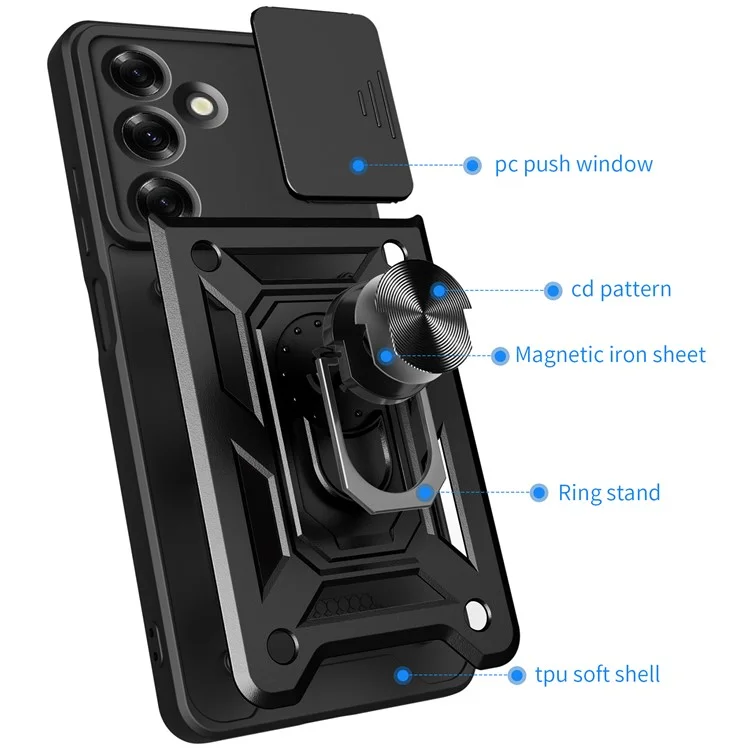 Für Samsung Galaxy M35 5G Hülle mit Schiebe-Kamera-Abdeckung PC+TPU Kickstand Handyhülle - Schwarz